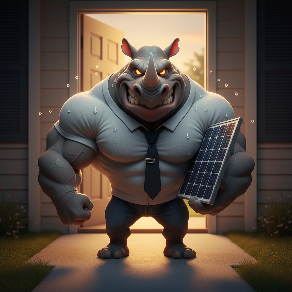 Rhino the Solar Guy mid-pitch on a doorstep
